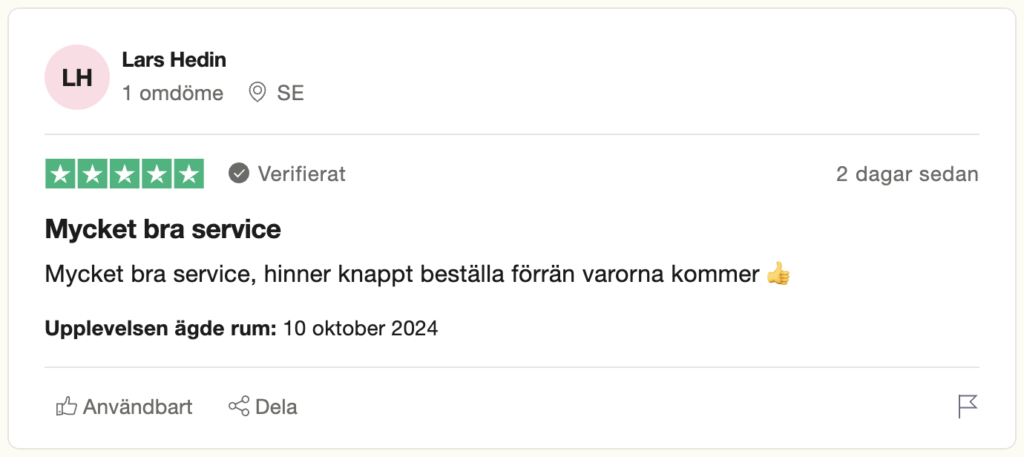 TrustPilot Omdöme från Lars Hedin 