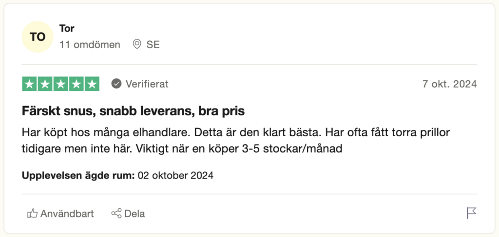 TrustPilot omdöme från Tor 